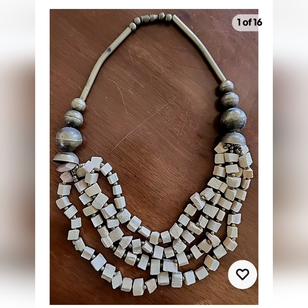 Vtg Bone‎ Brass Bead Necklace BOHO Tribal Ethnic